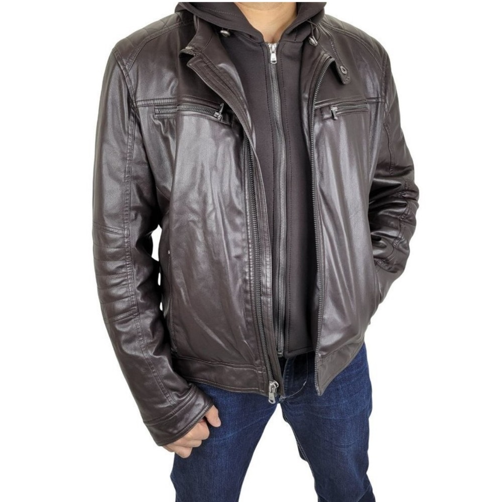 Michael Kors Men’s Dark Brown Faux Leather Hooded Bomber Moto Jacket Size M